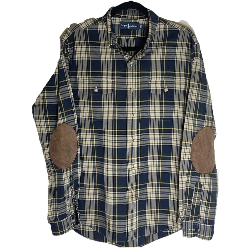 Ralph Lauren Plaid Shirt Men L Long Sleeve Button Down Elbow Patch Classic